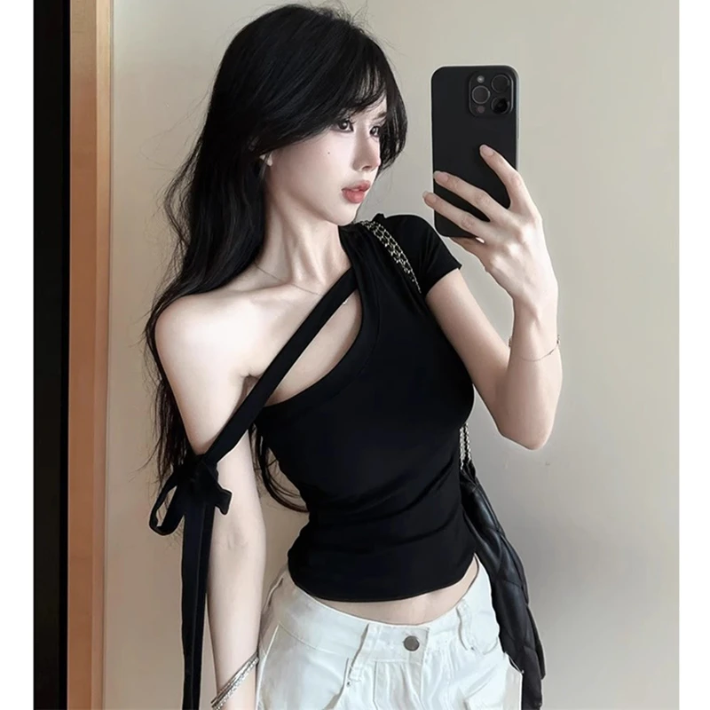 绑带短袖T恤女短款纯欲风修身性感上衣拼接露肩设计感辣妹装显瘦