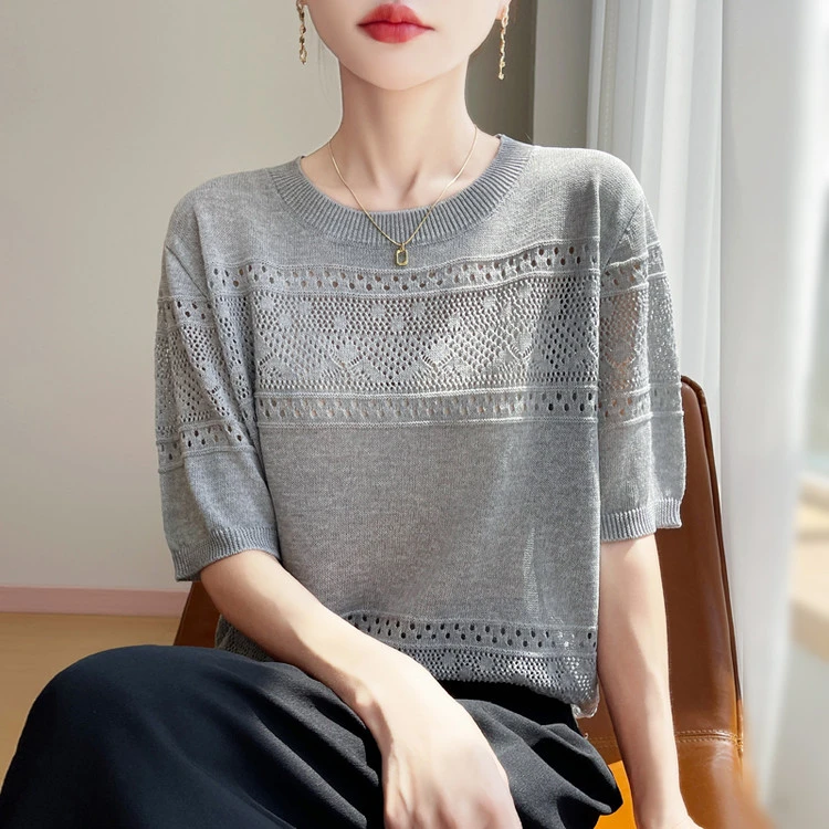 鄂尔多斯市冰丝亚麻T恤简约圆领女薄款夏季镂空透气清凉短袖宽松