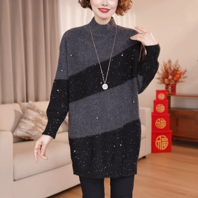 洋气时尚毛衣女秋冬季休闲大码中长款遮肚显瘦针织上衣