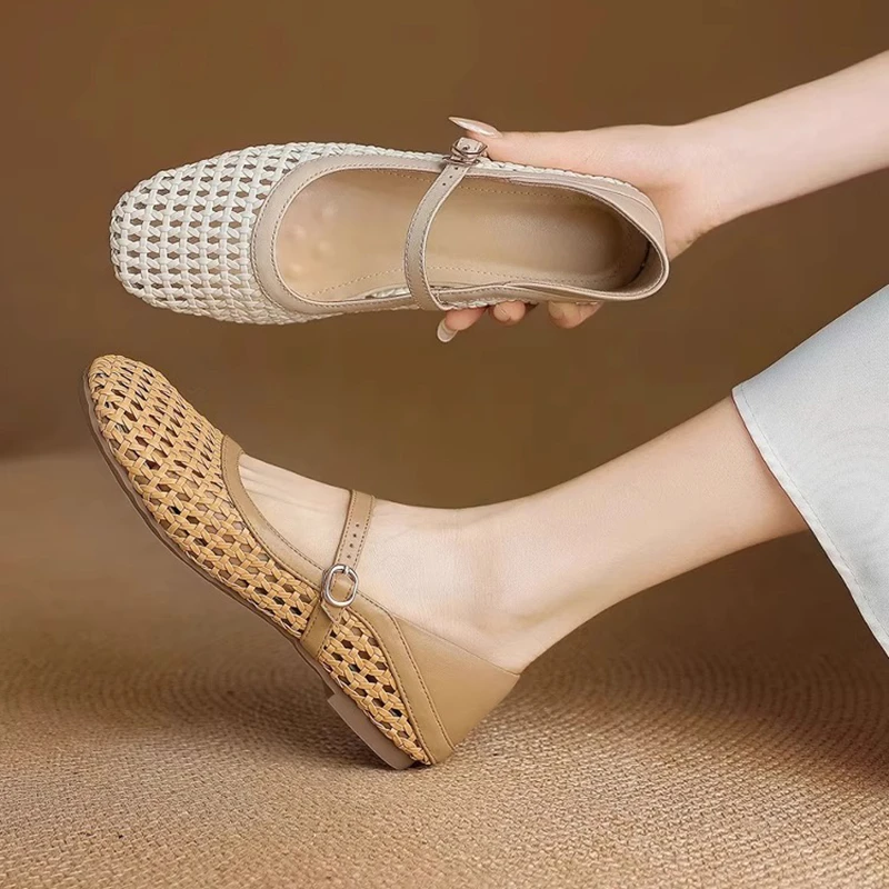 法式编织镂空透气平底单鞋文艺甜洞洞鞋一字带软皮软底玛丽珍凉鞋