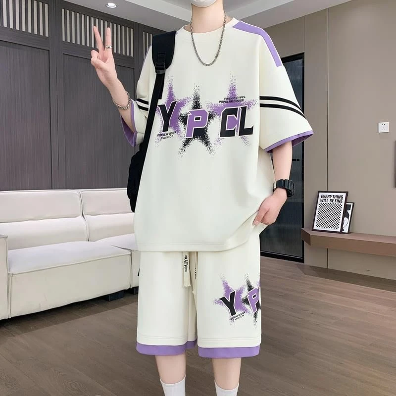 青少年冰丝t恤男生夏季初中生高中短袖短裤帅气大童休闲运动套装