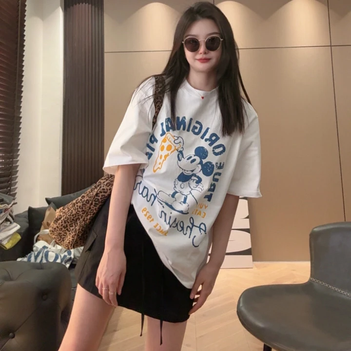 NINI定制TRUE披萨小老鼠韩系T恤洋气百搭慵懒感