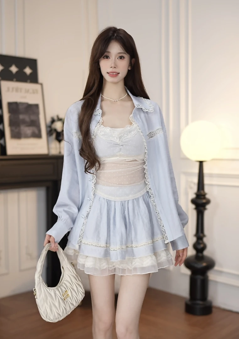 小小仟春季休闲小众牛仔宽松衬衫性感镂空背心短裙