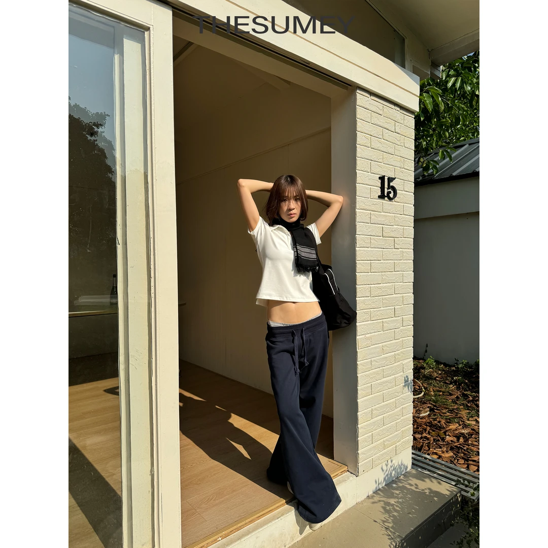 THESUMEY藏青直筒运动裤女春季25新款松紧腰垂感夏季休闲阔腿卫裤