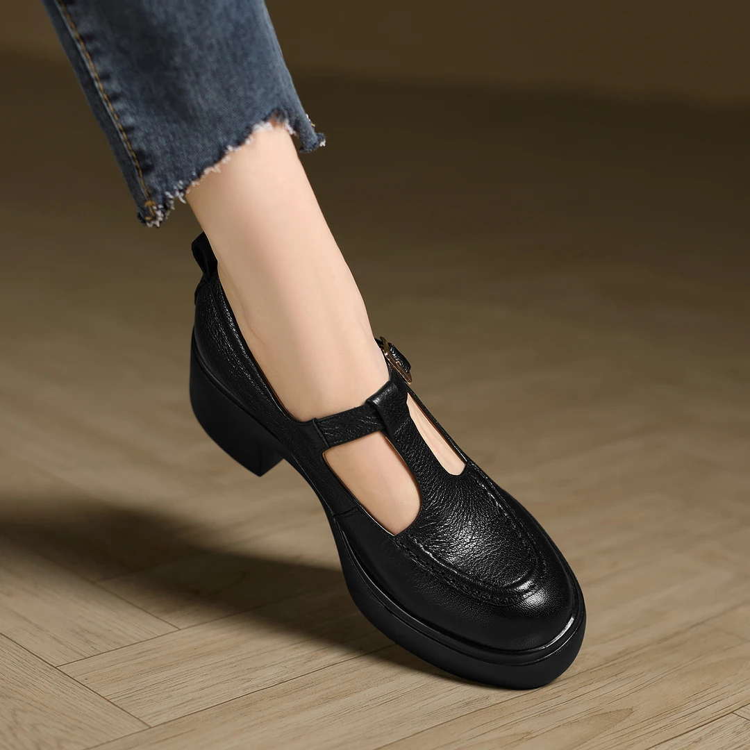 小个子增高6.5cm~粗跟玛丽珍鞋法式赫本风小皮鞋新款真皮高跟单鞋