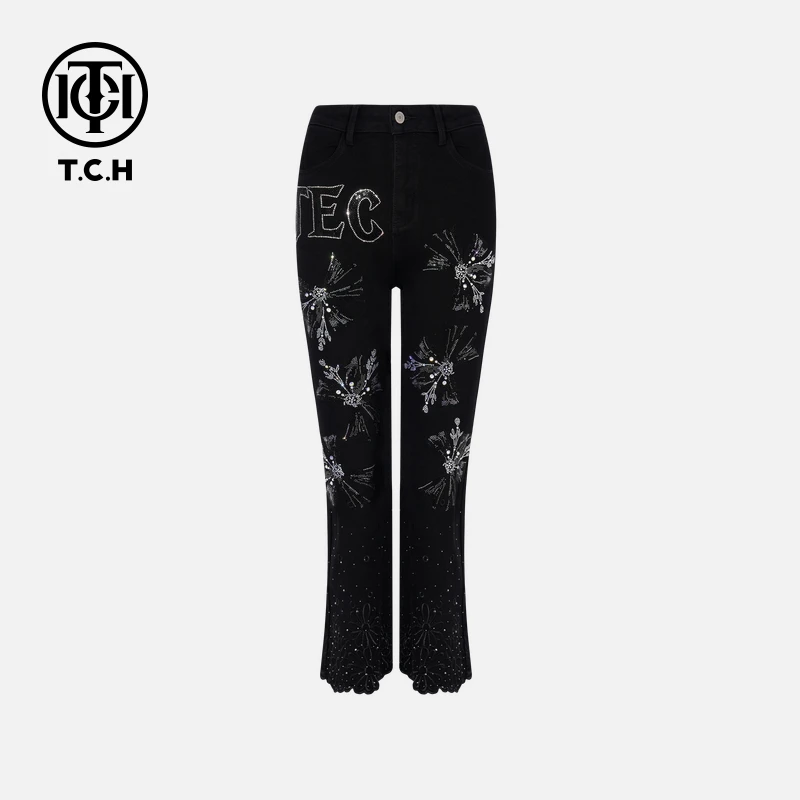 TCH-时尚潮牌蝴蝶结字母烫钻黑色刺绣牛仔裤T75C20E1113