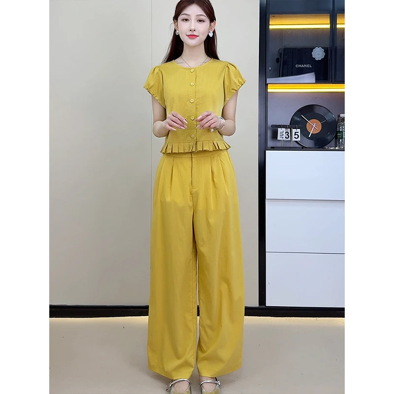 拉夏贝尔小个子韩版套装女2025夏新款花边设计感上衣直筒裤两件套