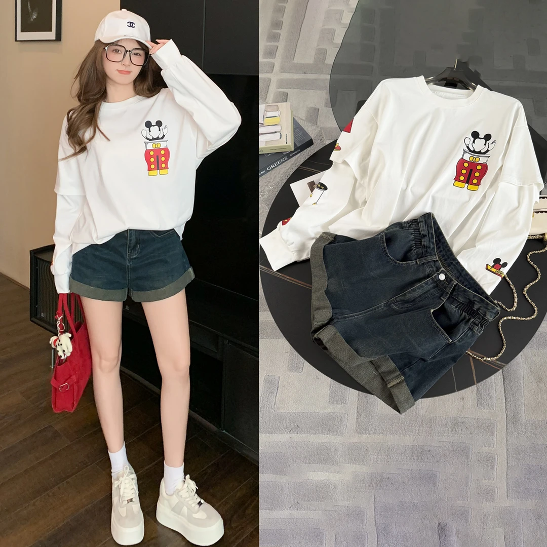 早秋穿搭时尚套装洋气宽松印花长袖上衣显瘦百搭牛仔短裤两件套女