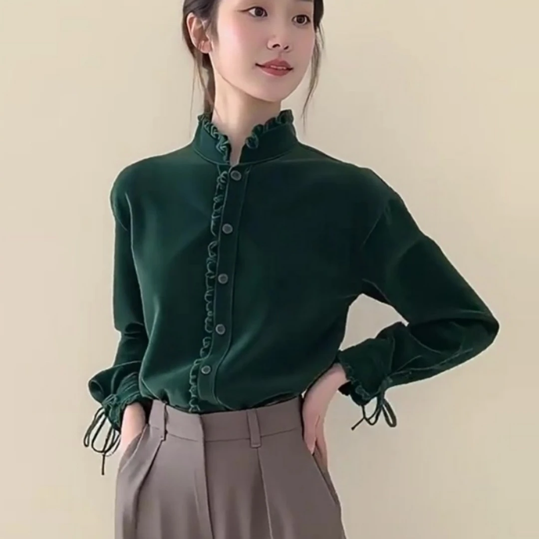 新款新中式女装墨绿色高端丝绒衬衫超好看独特漂亮国风旗袍上衣
