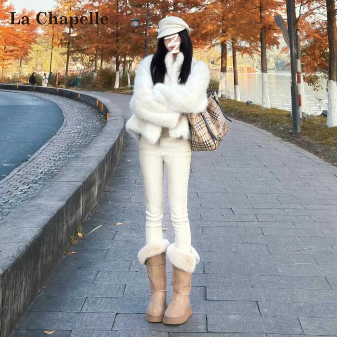 拉夏贝尔四面弹紧身牛仔裤女秋冬新款加绒加厚小个子小脚铅笔靴裤