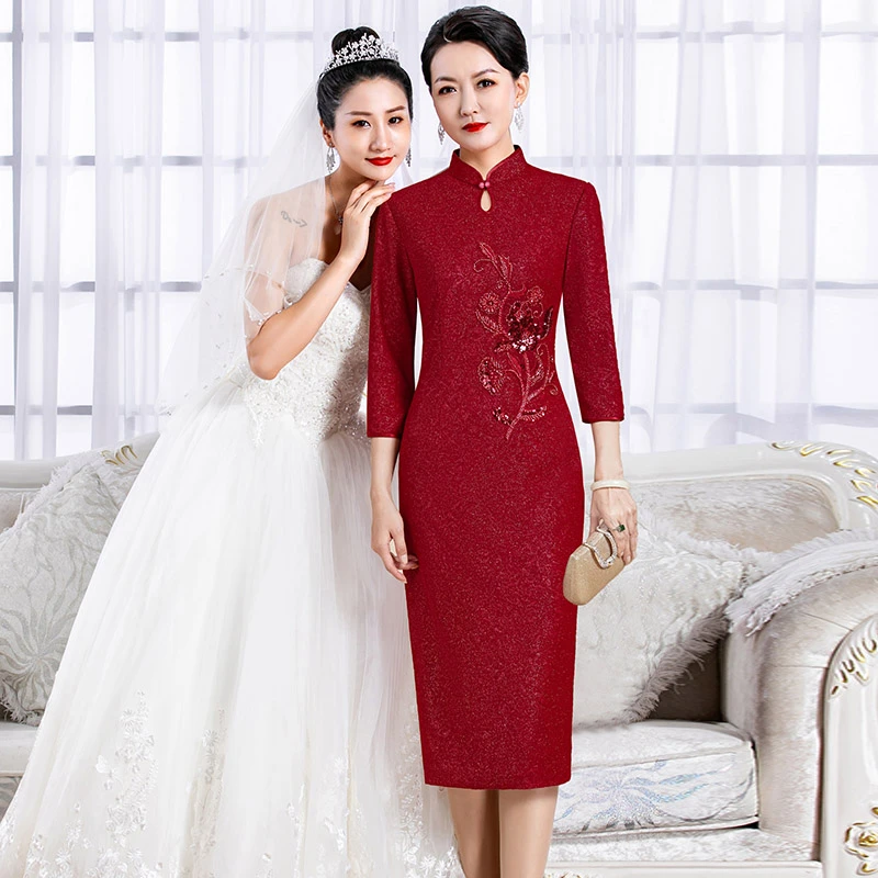 5872喜婆婆婚宴礼服装新款高贵优雅年轻妈妈宴会结婚酒红色礼服裙