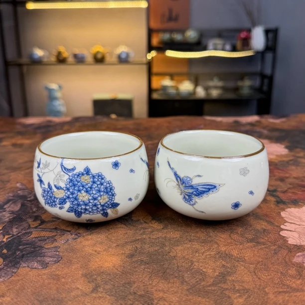 汝窑蝶恋花陶瓷主人杯2个可开片大号个人专用功夫茶杯单杯品茗杯