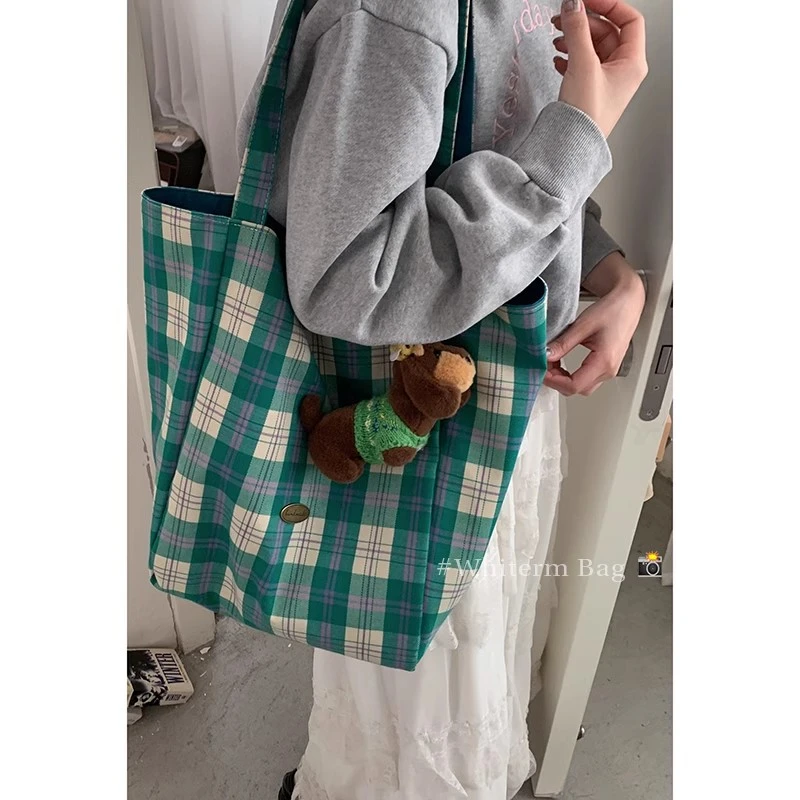 学院风大容量包包女2025新款格子帆布包百搭休闲通勤单肩包托特包