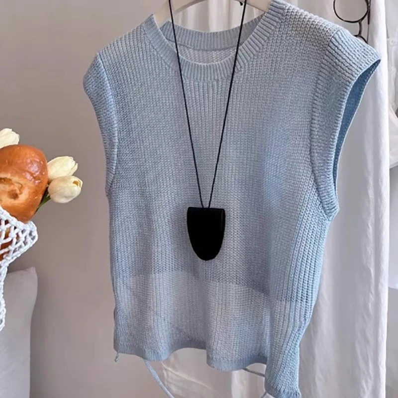 韩系冰丝蓝色后背系带短袖针织衫女夏季设计感独特别致小飞袖上衣