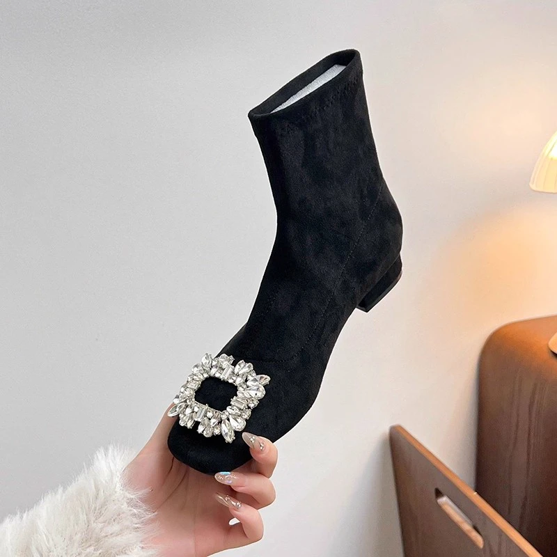 粗跟短靴女2025新款秋冬百搭法式水钻方扣袜靴气质绒面弹力瘦瘦靴