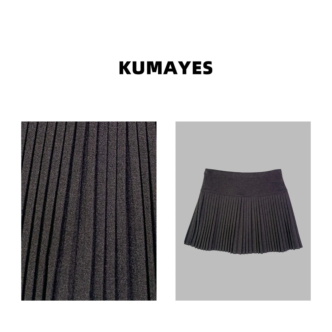 KUMAYES2024秋冬学院风小个子百搭毛呢深灰色百褶裙