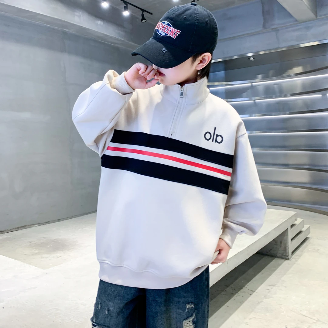 男童杏色立领卫衣春秋款2025新款儿童韩版运动休闲长袖上衣中大童