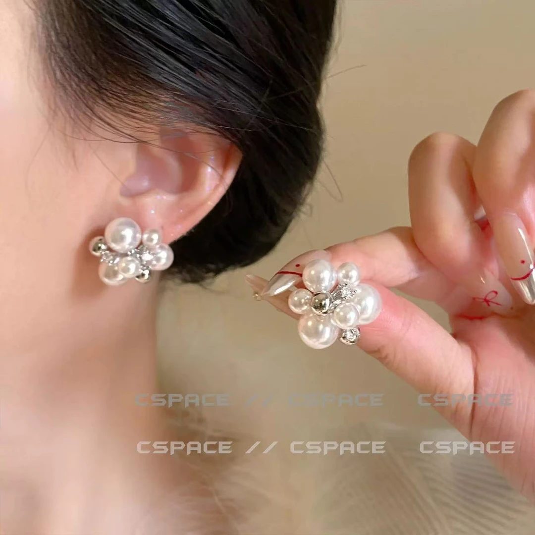 铜合金仿珍珠耳饰 赤道冰块~法式珍珠花簇耳钉ins千金风简约 A089