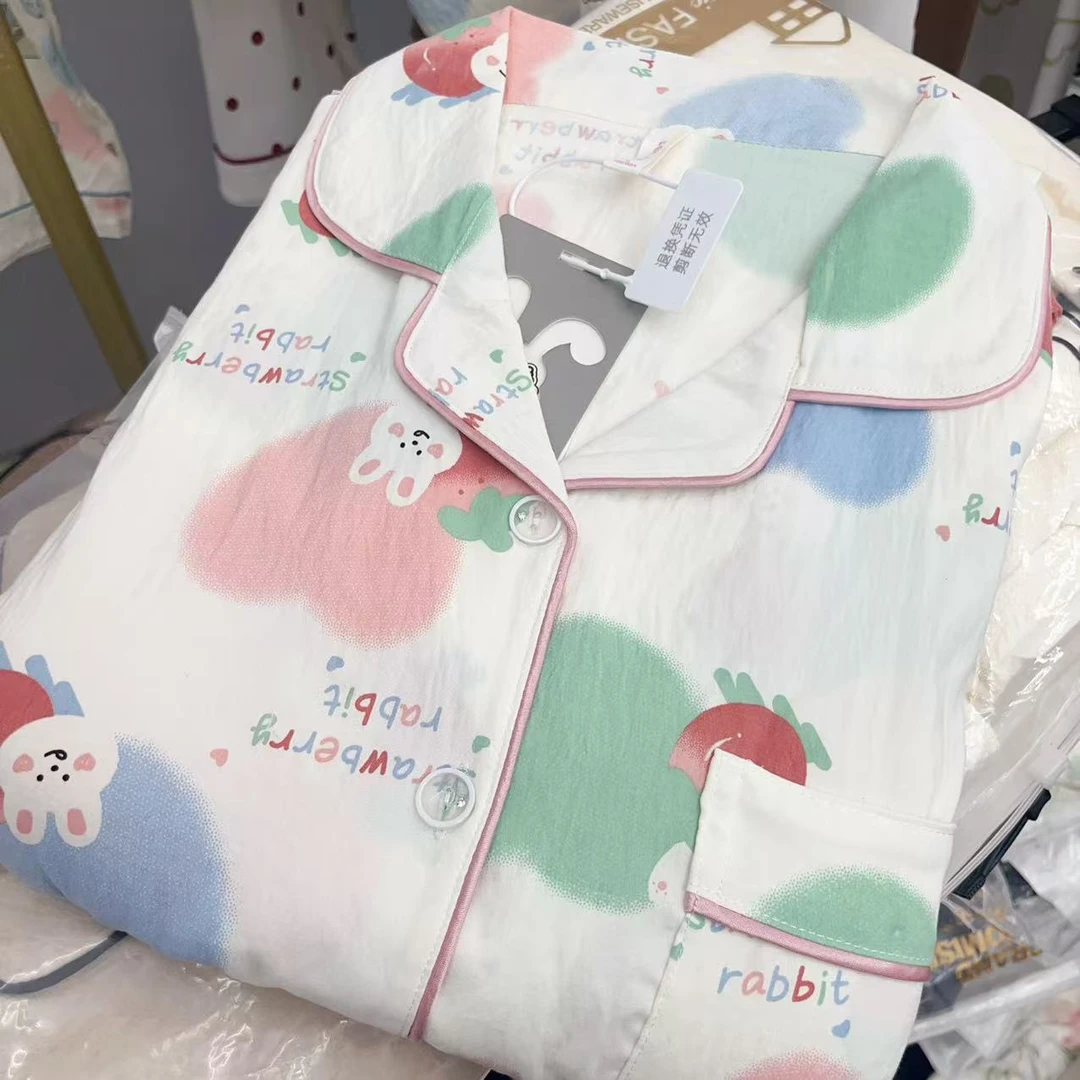 【R516】夏款草莓兔兔短袖短裤+长裤三件套+胸垫【开衫款】