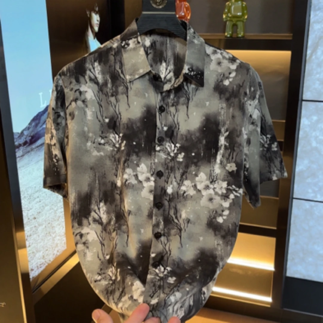 2520冰丝提花新款男士新中式休闲衬衫2025炸街潮牌衬衫男