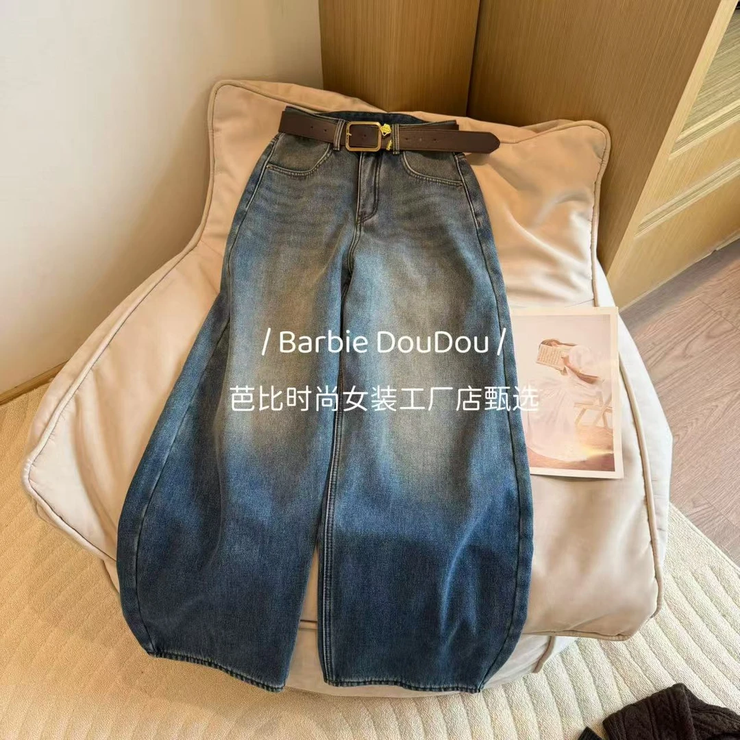 【豆子推荐】1569 冬季加绒做旧复古宽松弯刀裤潮流高腰牛仔裤时尚
