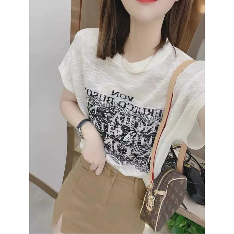 夏季新款字母印花短袖t恤女薄款设计感小众百搭宽松休闲圆领上衣