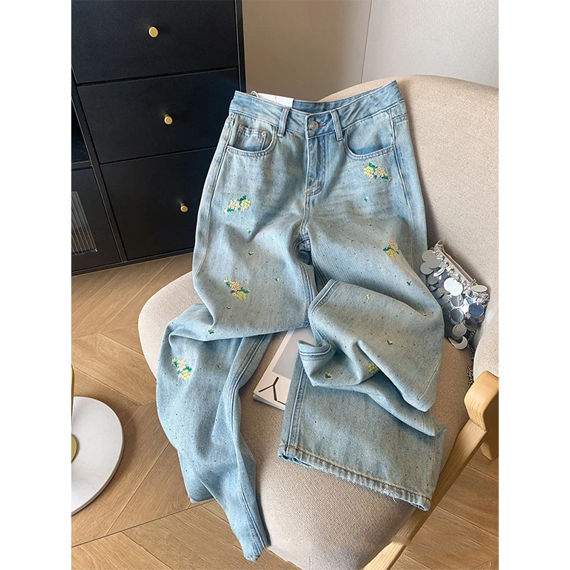高腰阔腿裤牛仔女做旧重工花朵刺绣烫钻显瘦新款裤子百搭9687