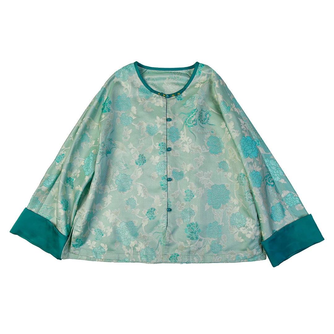 23姆满丝七色彩罗鹤鹿同春紫圆领正襟手工盘扣八分袖外套12421-1