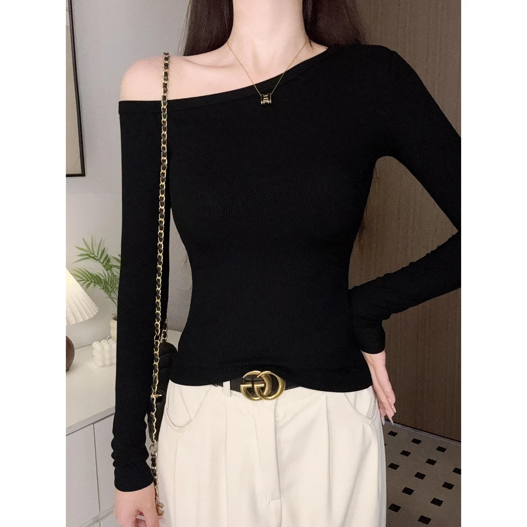 黑色长袖T恤女斜肩一字领打底衫内搭2025年新款秋冬螺纹薄款上衣