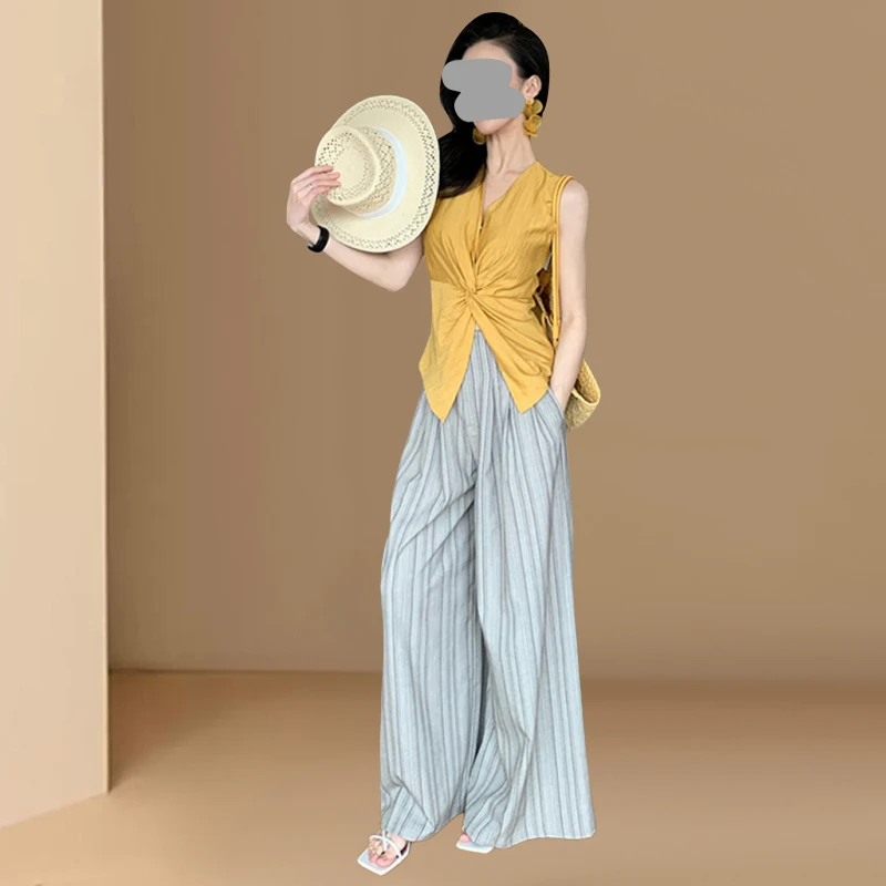 御姐风气质扭结显瘦无袖上衣女装2025夏季新款阔腿直筒长裤两件套