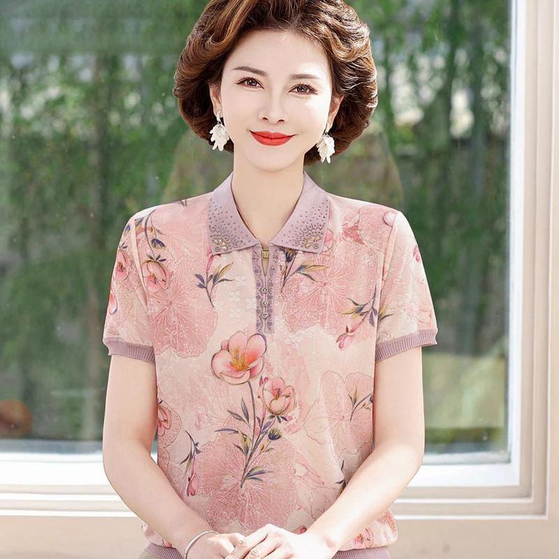 俞兆林2025新款妈妈夏装短袖T恤中老年女冰丝上衣洋气翻领减龄小