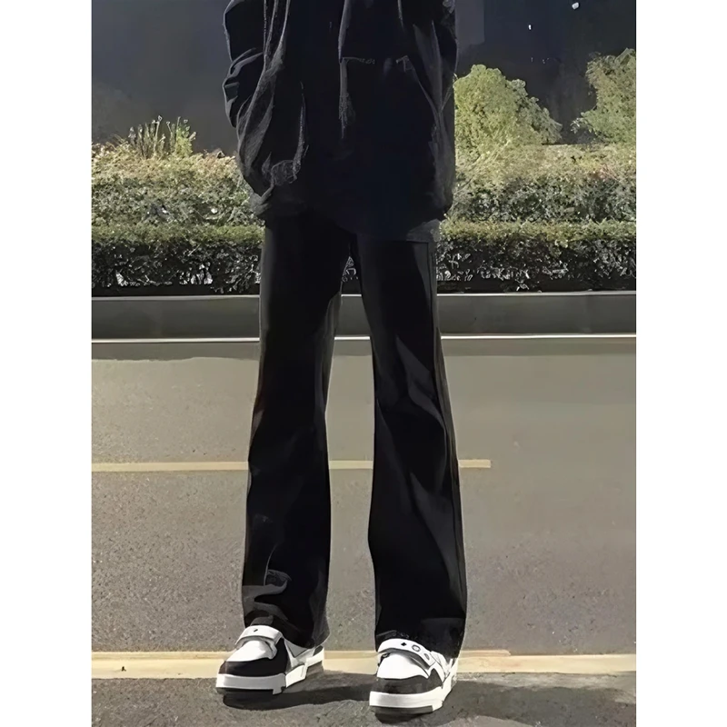 黑色加绒微喇牛仔裤男款秋冬美式高街vibe裤子提档窄版弯刀直筒裤