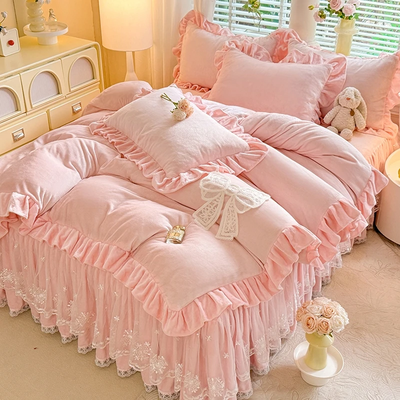 加厚【8斤】2025秋冬新款全消光牛奶绒床裙四件套纯色蕾丝花边刺绣