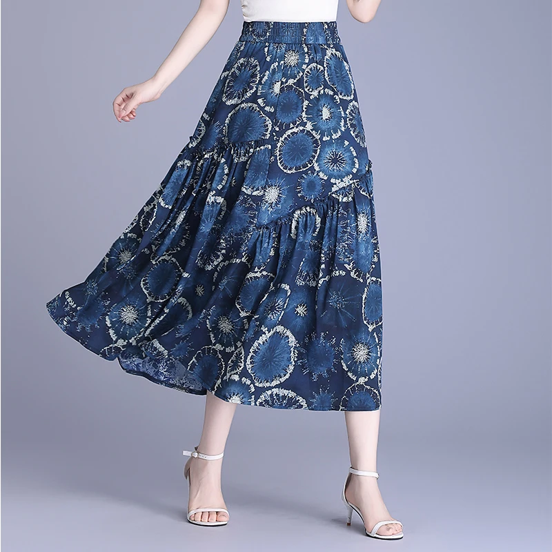 印花雪纺半身裙女夏季2025新款气质伞裙中长裙高腰薄款A字大摆裙