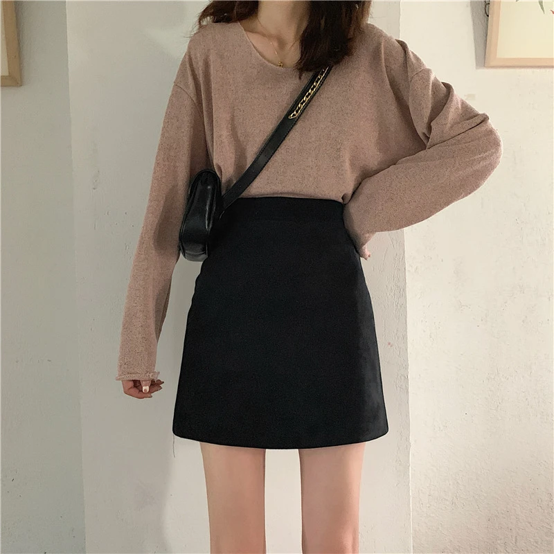 黑色羊毛毛呢半身裙女秋冬新款大码遮肚子a字裙F7923