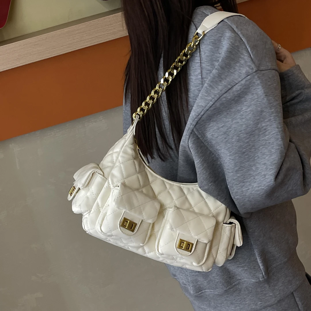 小香风绣线包包女2025新款春夏季高级感菱格腋下包百搭通勤单肩包