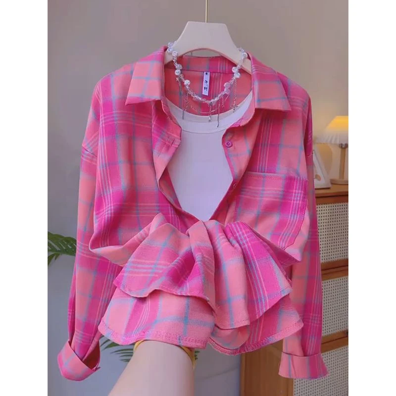 玫红色格子衬衫女2025夏季爆款设计感小众宽松休闲长袖衬衣上衣潮
