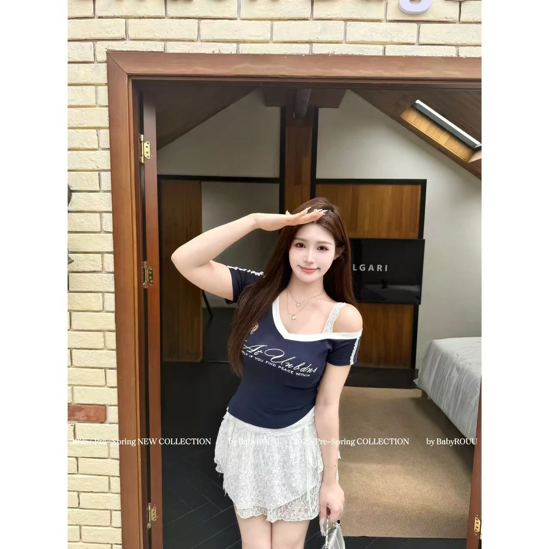WZJ品770763【美式纯欲】美式复古蕾丝拼接斜肩T浪漫纯欲百搭半裙