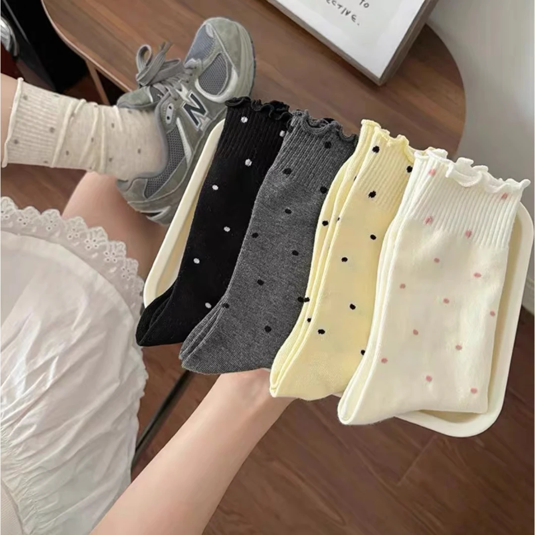 袜子女中筒袜秋冬新款复古奶油系卷边波点月子袜花边堆堆袜