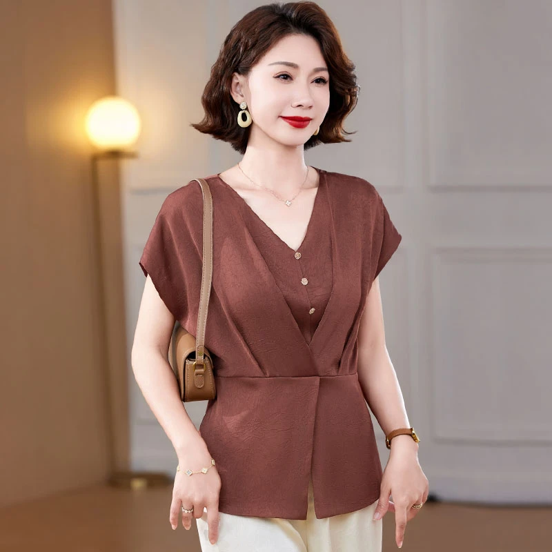 罗蒙时尚妈妈夏装雪纺小衫2025新款洋气衬衣中老年女装夏季套装女