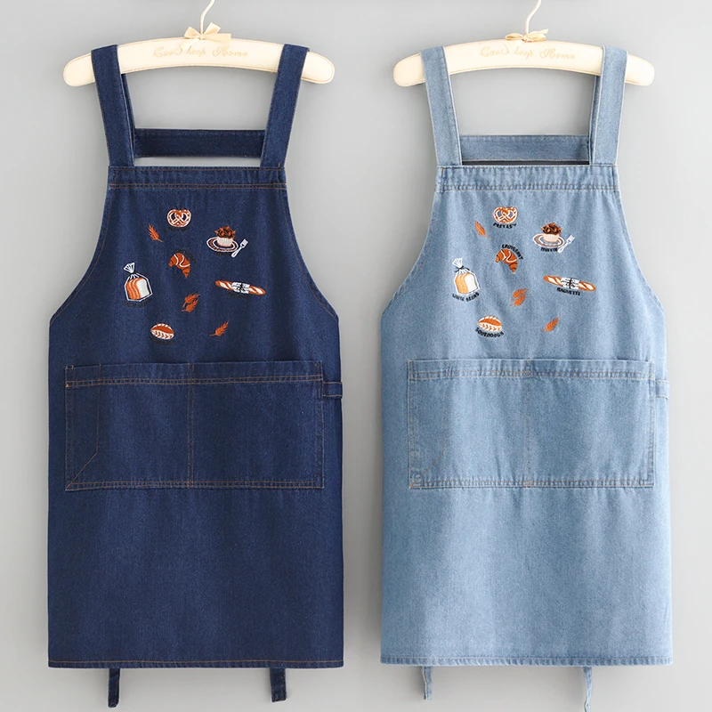 加长刺绣牛仔围裙家用厨房2025新款透气防油污围腰餐饮耐磨工作服