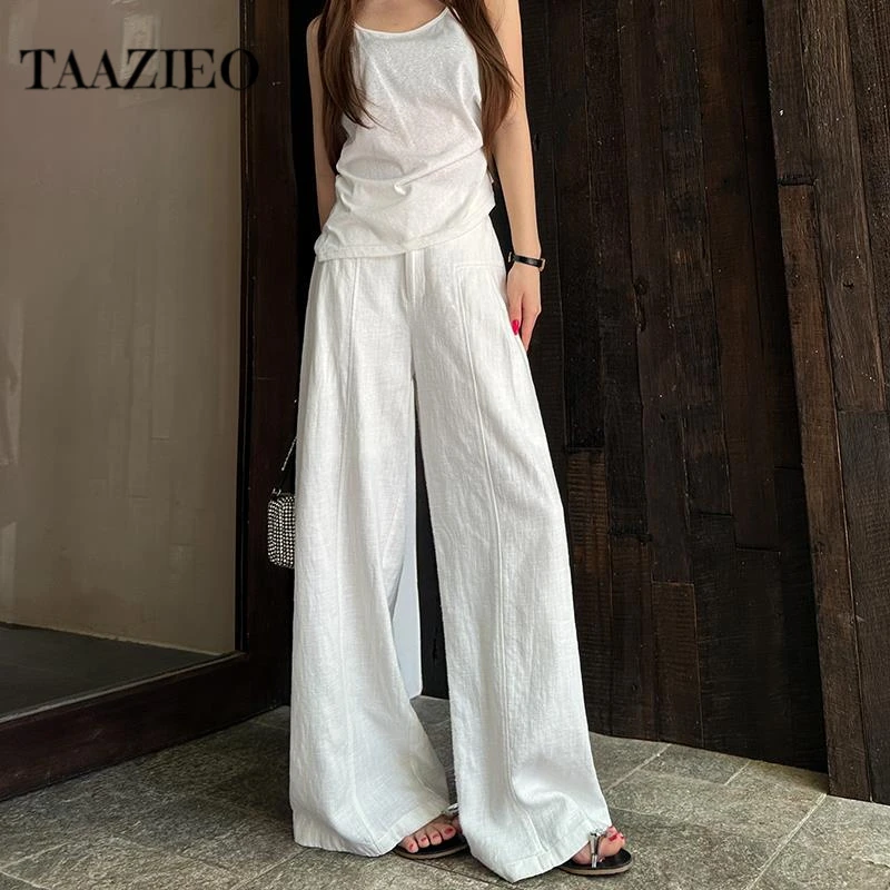白色亚麻苎麻阔腿裤女夏季薄款高腰垂感老钱风西装直筒宽松休闲裤