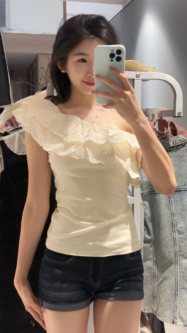 夏季小众纯欲蕾丝斜肩短袖显瘦