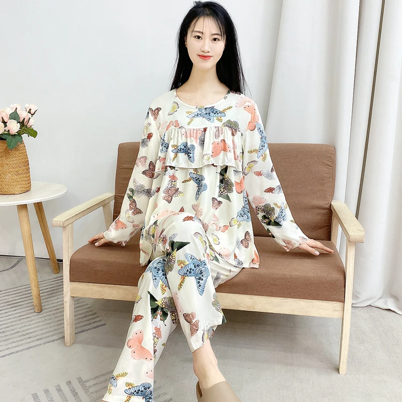 防凸点棉绸睡衣女不带胸垫长袖大码妈妈休闲家居套装可外穿Y110