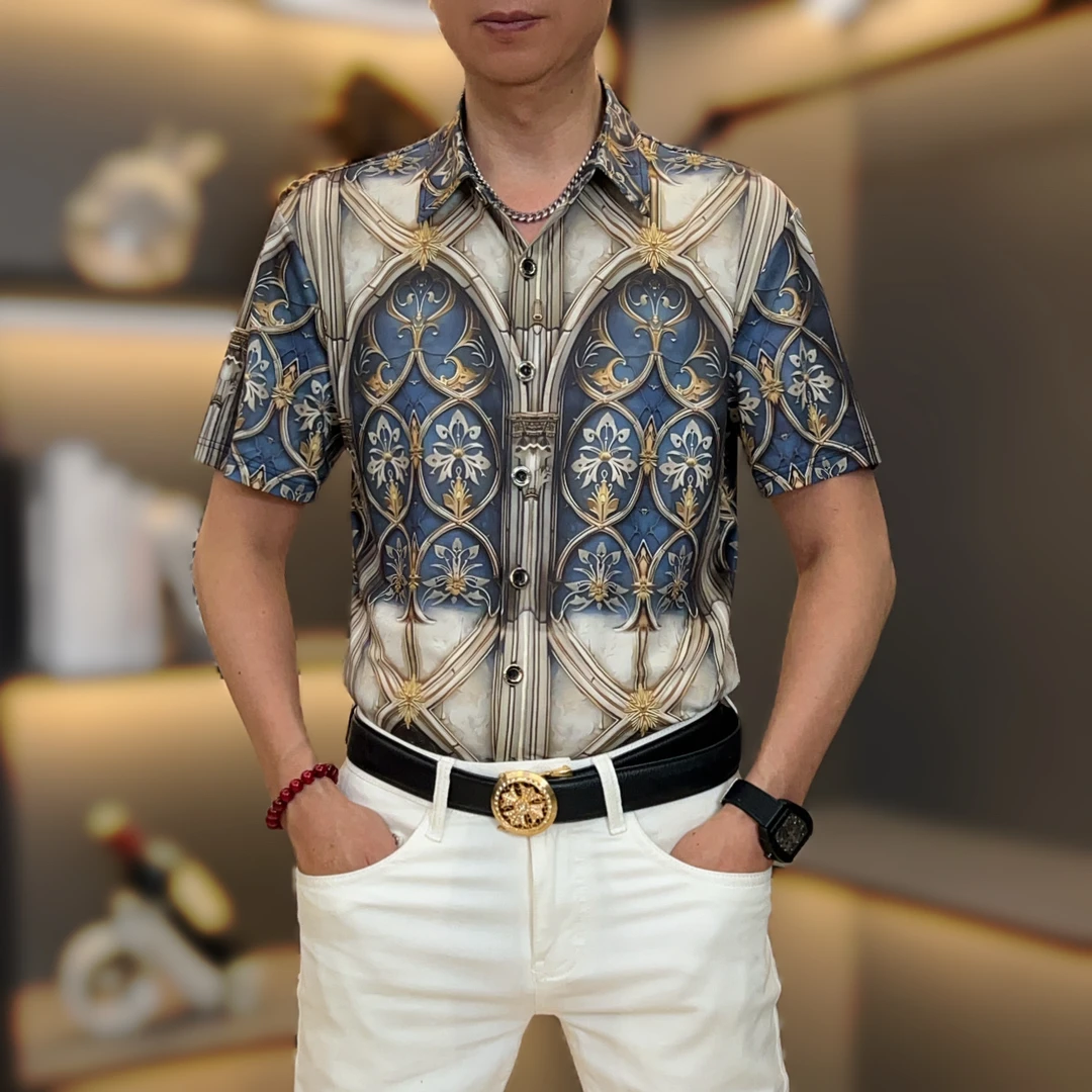 个性港风巴洛克风情前后全身花纹定位夏季衬衫帅气男士商务修身潮