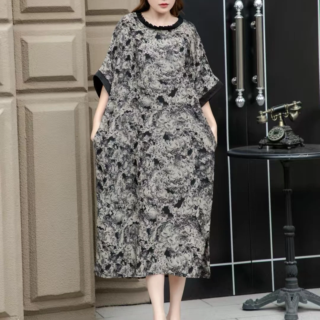 8836】夏季大码遮肚显瘦宽松长款连衣裙