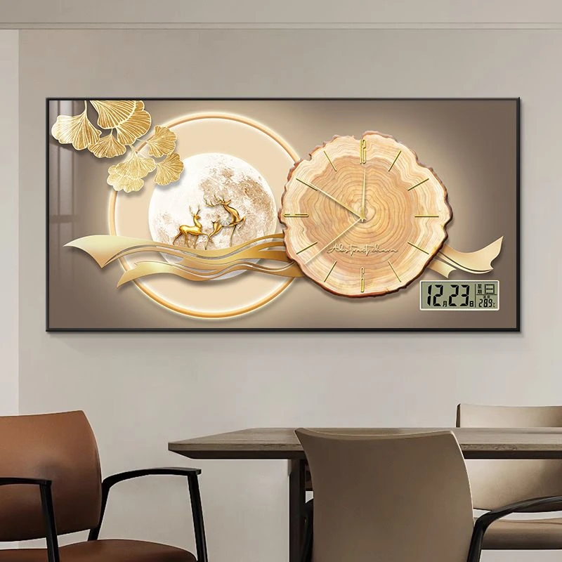 新款钟表万年历静音电表箱装饰画轻奢银杏叶带挂画配电箱遮挡壁画