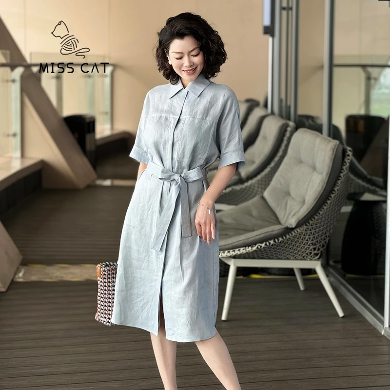 FELINE早呀猫小姐夏新清新纯净氧气感翻领短袖亚麻平纹及膝连衣裙