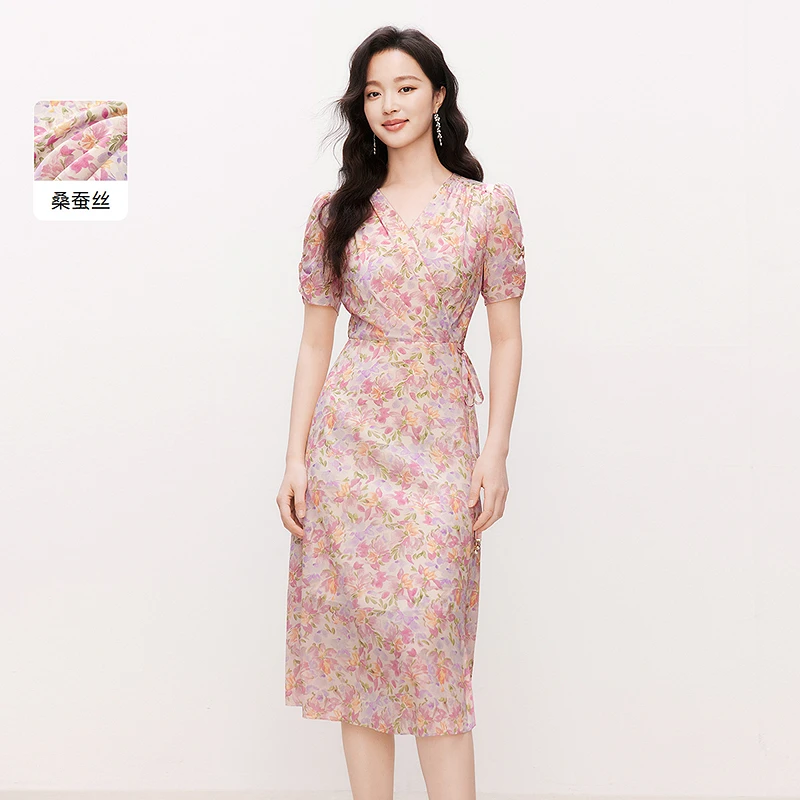 【商场同款】 漫步花园珂莱蒂尔25碎花显瘦气质时尚优雅春夏连衣裙