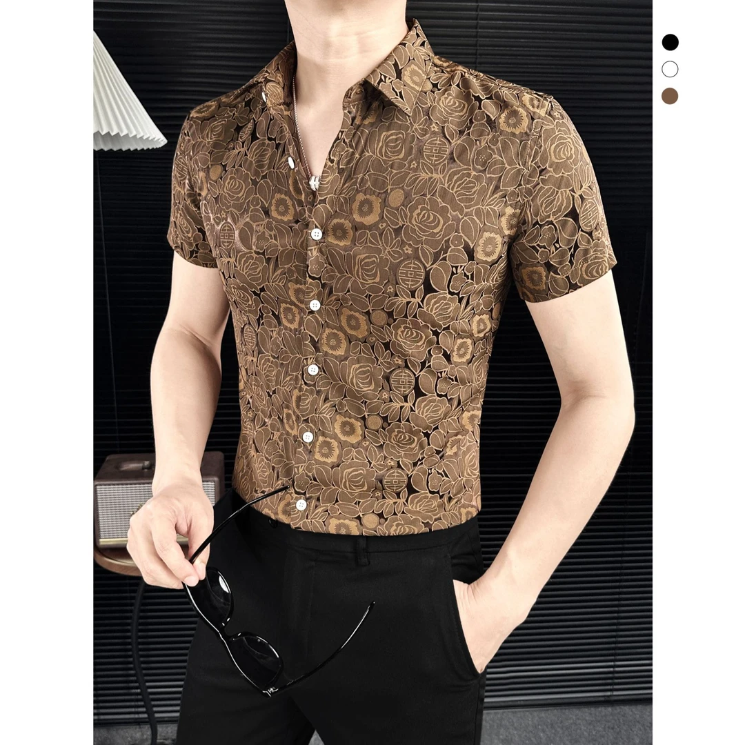 国风花衬衫男短袖新款网红洋气炸街男装痞帅碎花男士衬衣夏季薄款